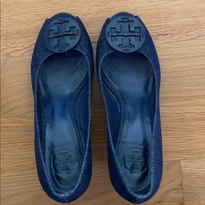 Tory Burch Denim Wedge Peep Toe Shoes